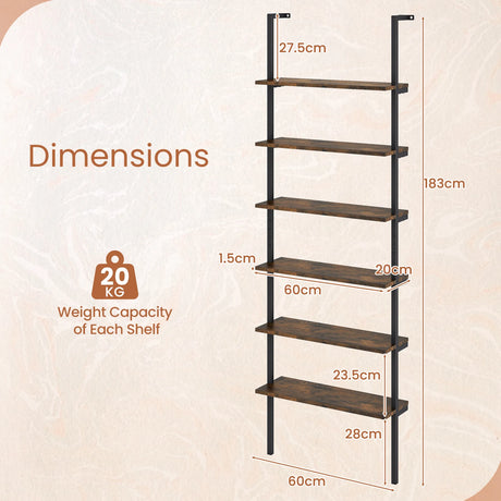 6-Tier Ladder Shelf Wall Mounted Bookshelf with Metal Frame-Rustic Brown