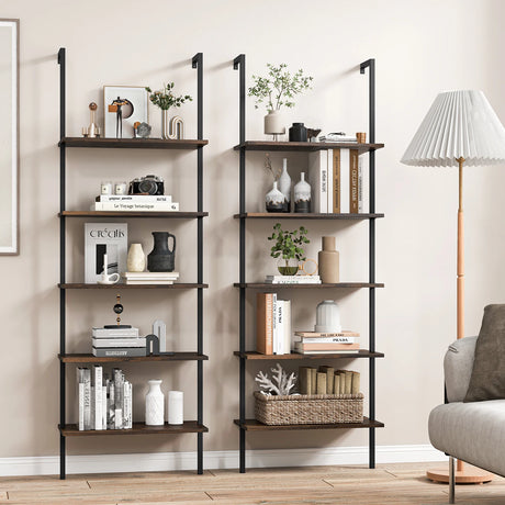 5 Tier Ladder Shelf Wall-Mounted Bookcase with Steel Frame-Brown