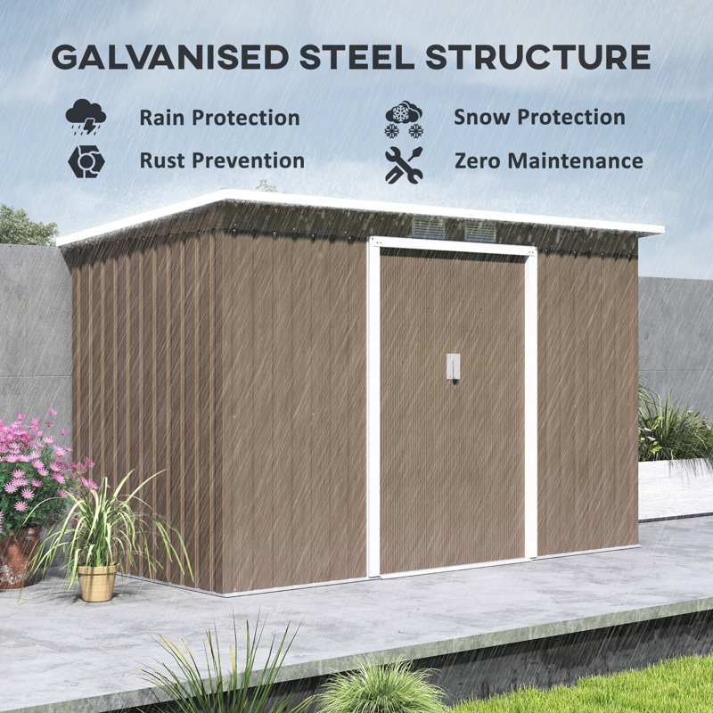 Outsunny 9ft x 4ft Metal Garden Shed, Outdoor Tool House with Foundation Kit, Ventilations and Double Doors, Light Grey Wood Grain