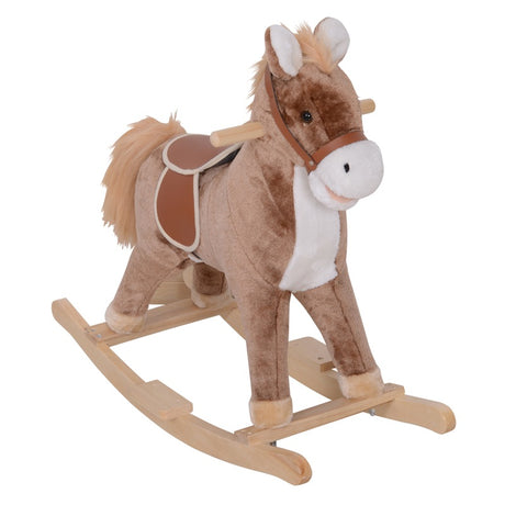 HOMCOM Kids Children Plush Rocking Horse Wooden Base Ride On Toy Rocker with Handle Grip Traditional Toy Fun Gift for Age 3+ (Brown & White)