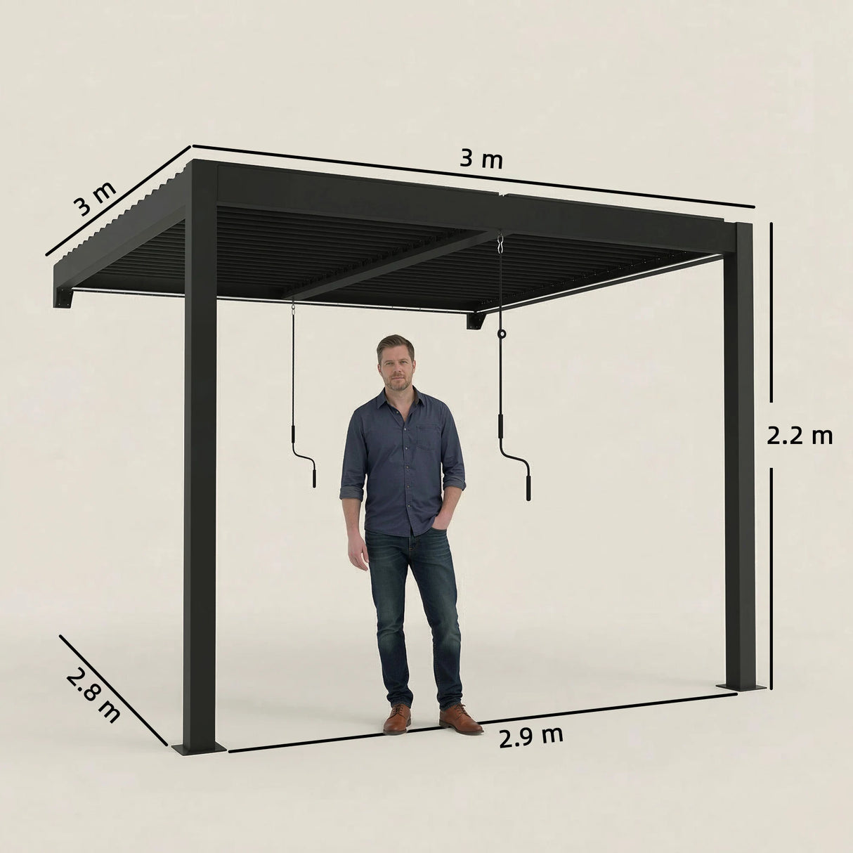 Outsunny 3 x 3 m Louvered Pergola with LED Lights, Metal Louvres, Wall Mounted Aluminium Patio Gazebo Pergola, Dark Grey