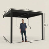 Outsunny 3 x 3 m Louvered Pergola with LED Lights, Metal Louvres, Wall Mounted Aluminium Patio Gazebo Pergola, Dark Grey