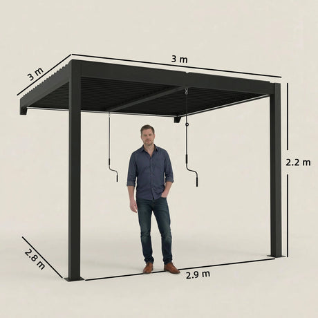 Outsunny 3 x 3 m Louvered Pergola with LED Lights, Metal Louvres, Wall Mounted Aluminium Patio Gazebo Pergola, Dark Grey