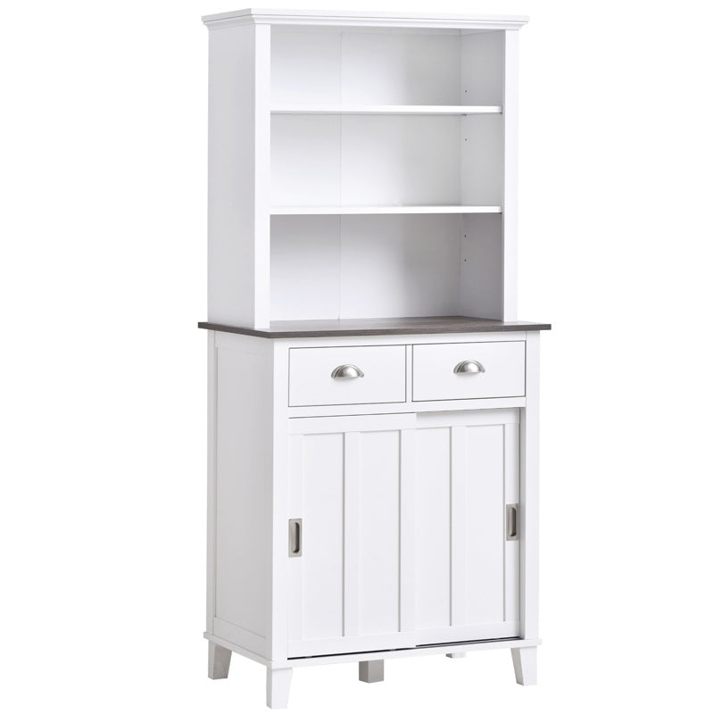 HOMCOM Freestanding Kitchen Cupboard, Storage Cabinet with Sliding Doors and Open Shelves, Adjustable Shelving, White