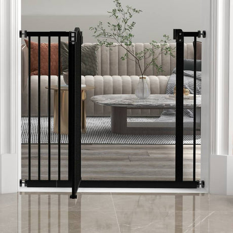 PawHut Metal 74-94cm Adjustable Pet Gate Safety Barrier w/ Auto-Close Door Black