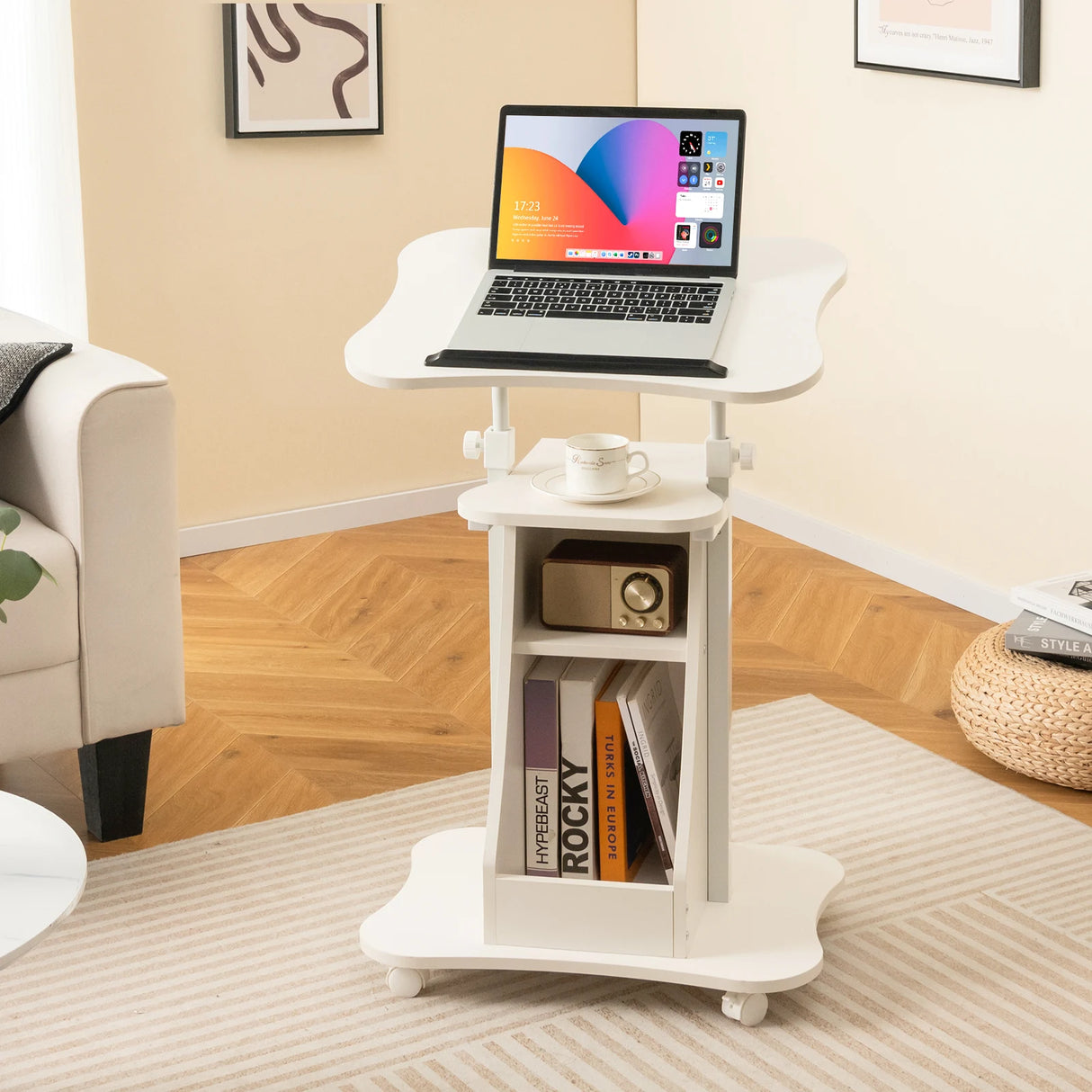 Mobile Podium Stand Height Adjustable Laptop Cart with Tilting Tabletop and Storage Compartments-White