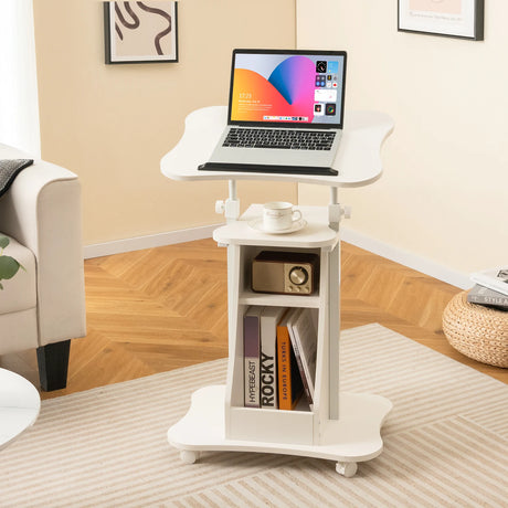 Mobile Podium Stand Height Adjustable Laptop Cart with Tilting Tabletop and Storage Compartments-White