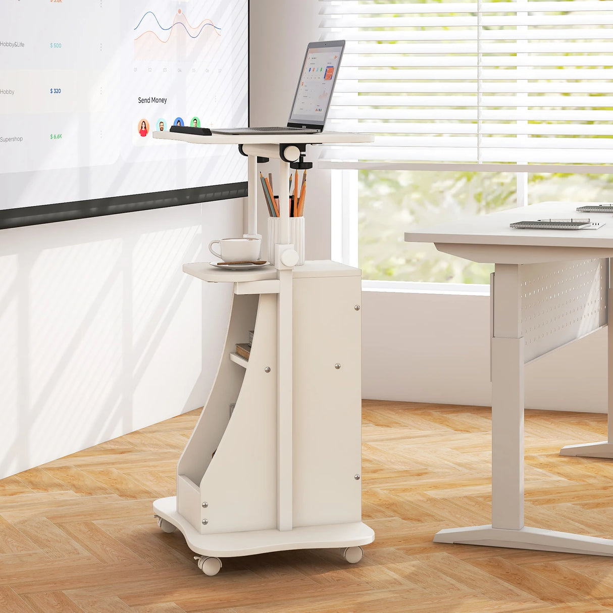 Mobile Podium Stand Height Adjustable Laptop Cart with Tilting Tabletop and Storage Compartments-White