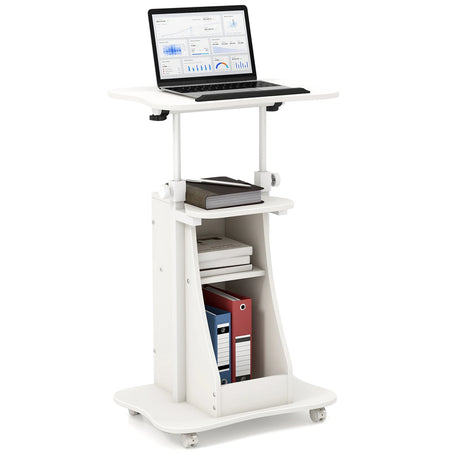 Mobile Podium Stand Height Adjustable Laptop Cart with Tilting Tabletop and Storage Compartments-White