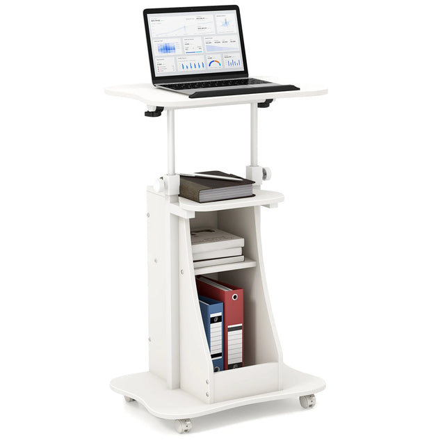 Mobile Podium Stand Height Adjustable Laptop Cart with Tilting Tabletop and Storage Compartments-White