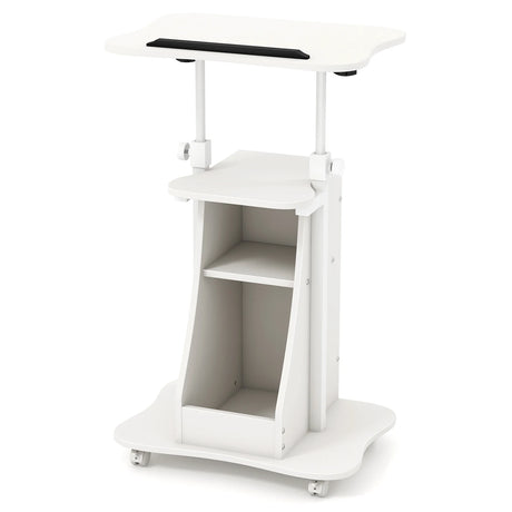 Mobile Podium Stand Height Adjustable Laptop Cart with Tilting Tabletop and Storage Compartments-White