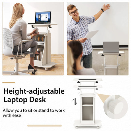Mobile Podium Stand Height Adjustable Laptop Cart with Tilting Tabletop and Storage Compartments-White