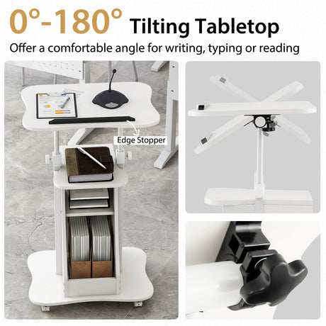 Mobile Podium Stand Height Adjustable Laptop Cart with Tilting Tabletop and Storage Compartments-White