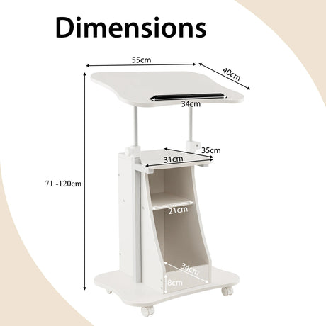 Mobile Podium Stand Height Adjustable Laptop Cart with Tilting Tabletop and Storage Compartments-White