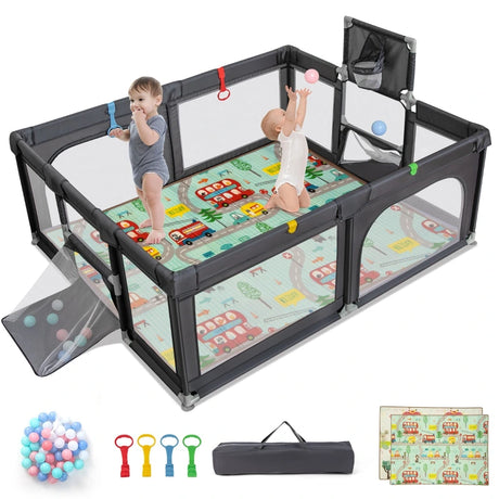 Large Baby Playpen with Mat with Basketball Hoop and Soccer Nets-Dark Grey