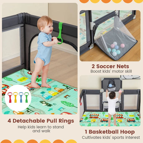 Large Baby Playpen with Mat with Basketball Hoop and Soccer Nets-Dark Grey