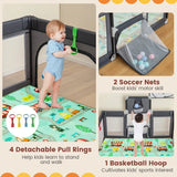 Large Baby Playpen with Mat with Basketball Hoop and Soccer Nets-Dark Grey