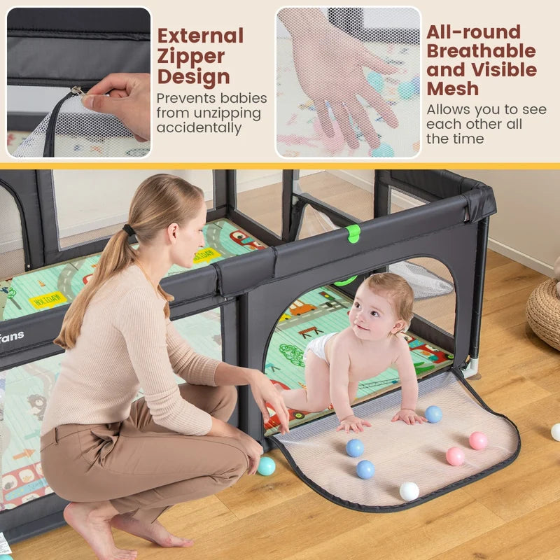 Large Baby Playpen with Mat with Basketball Hoop and Soccer Nets-Dark Grey