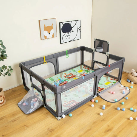 Large Baby Playpen with Mat with Basketball Hoop and Soccer Nets-Dark Grey