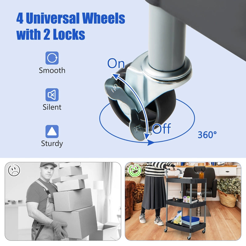 3 Tier Rolling Tool Cart Rustproof Metal Utility Cart with Handle