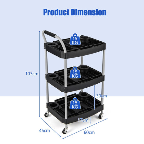 3 Tier Rolling Tool Cart Rustproof Metal Utility Cart with Handle