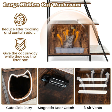Large Cat Litter Box Enclosure with Storage and Removable Plush Mats-Coffee