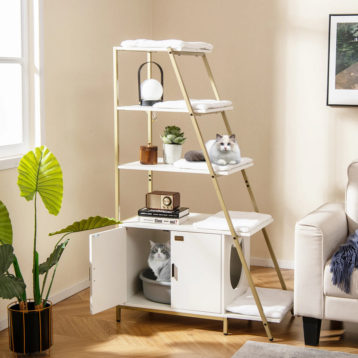 Large Cat Litter Box Enclosure with Storage and Removable Plush Mats-White