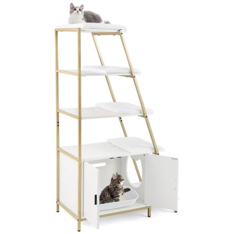 Large Cat Litter Box Enclosure with Storage and Removable Plush Mats-White