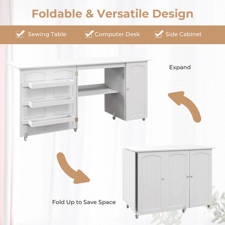 Foldable sewing table sewing cabinet versatile craft table versatile craft table 158 x 50 x 75 cm white
