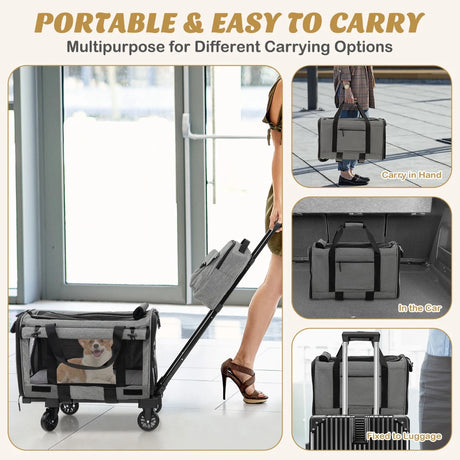 Rolling Cat Carrier with Dual-use Pads and Litter Bag-Gray