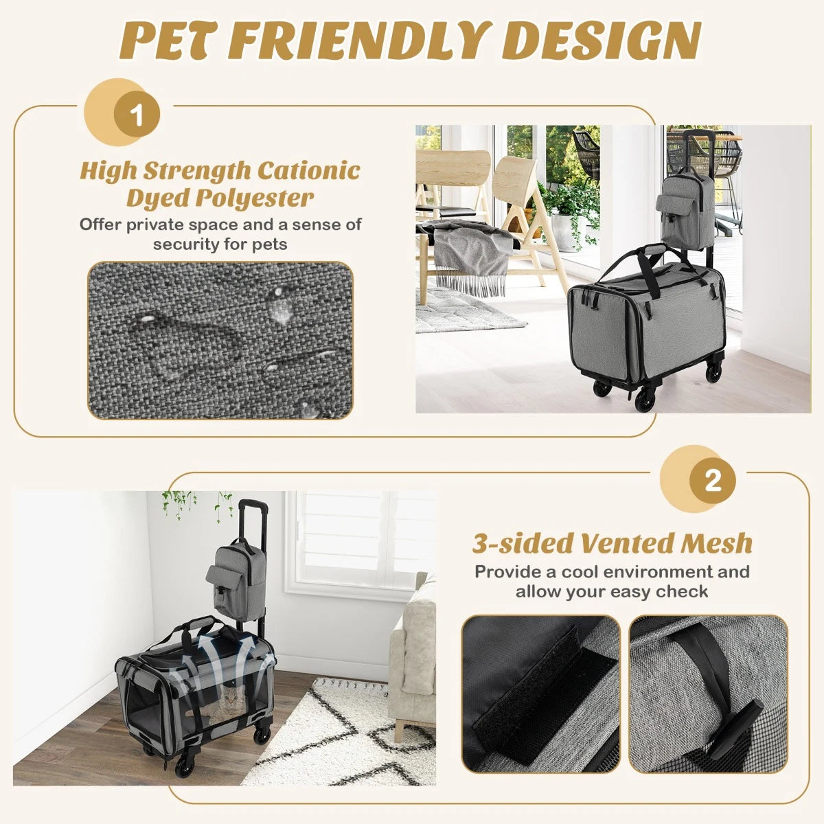 Rolling Cat Carrier with Dual-use Pads and Litter Bag-Gray