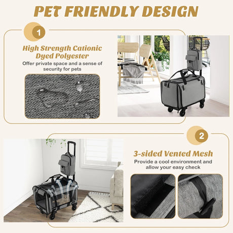 Rolling Cat Carrier with Dual-use Pads and Litter Bag-Gray