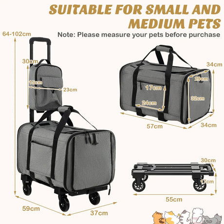 Rolling Cat Carrier with Dual-use Pads and Litter Bag-Gray