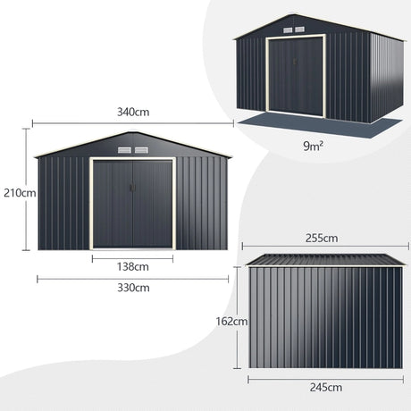 Outdoor Storage Shed with 4 Vents and Double Sliding Door-340x255cm Storage Shed