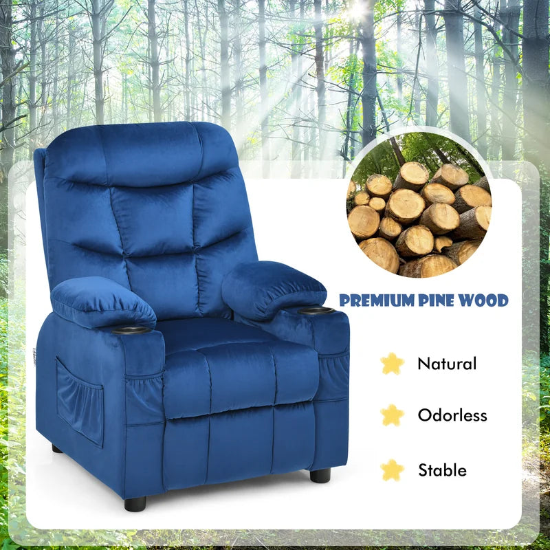 Kids PU Leather/Velvet Fabric Kids Recliner Chair with Cup Holders-Light Blue