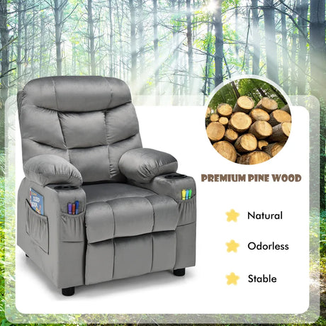 Kids PU Leather/Velvet Fabric Kids Recliner Chair with Cup Holders-Light Gray