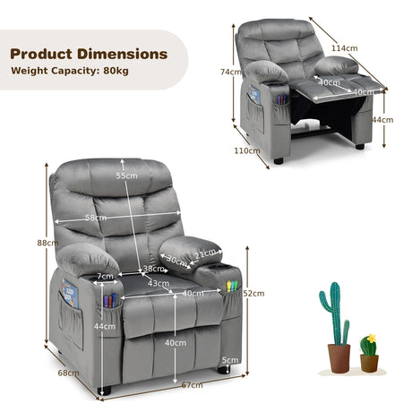 Kids PU Leather/Velvet Fabric Kids Recliner Chair with Cup Holders-Light Gray