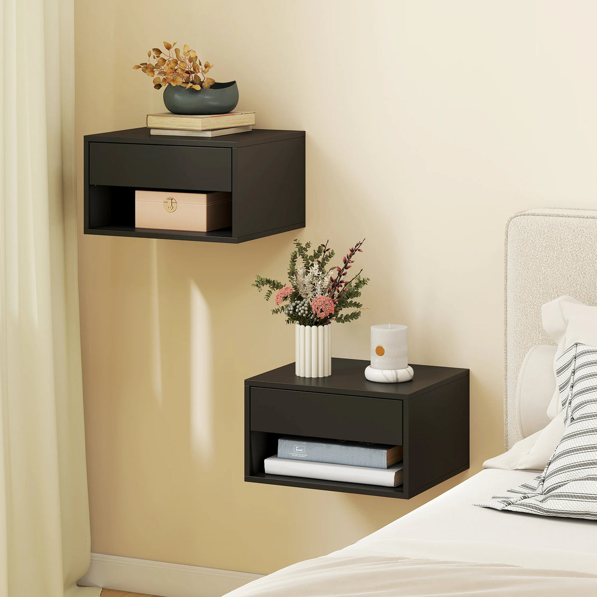 HOMCOM Floating Bedside Tables Set of 2, Wall Mounted Nightstand, Black