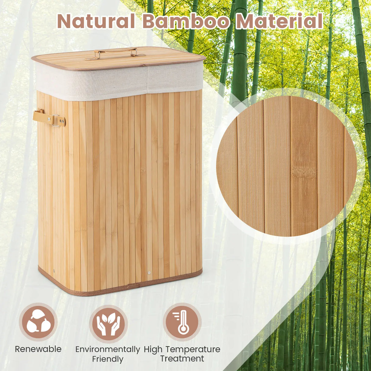 Rectangle Bamboo Hamper Laundry Basket Washing Cloth Bin Storage Bag Lid-Natural