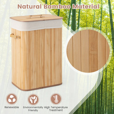 Rectangle Bamboo Hamper Laundry Basket Washing Cloth Bin Storage Bag Lid-Natural