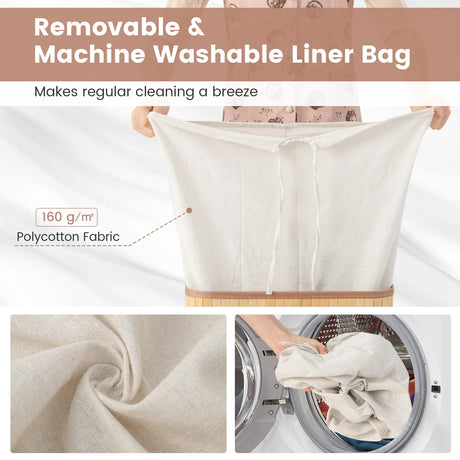 Rectangle Bamboo Hamper Laundry Basket Washing Cloth Bin Storage Bag Lid-Natural