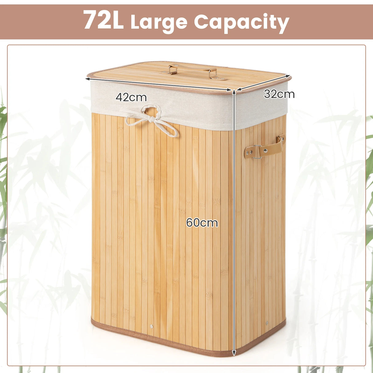 Rectangle Bamboo Hamper Laundry Basket Washing Cloth Bin Storage Bag Lid-Natural