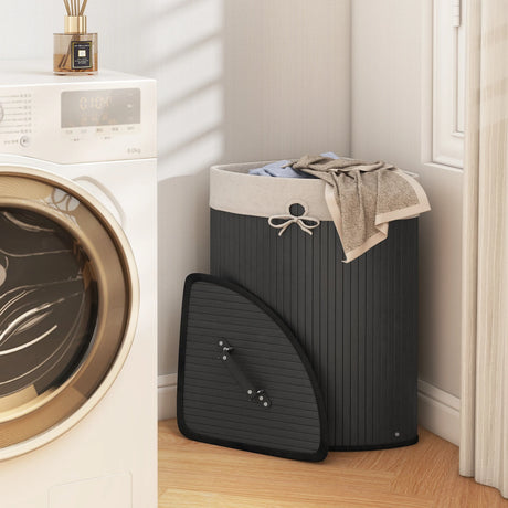 Corner Bamboo Hamper Laundry Basket-Black