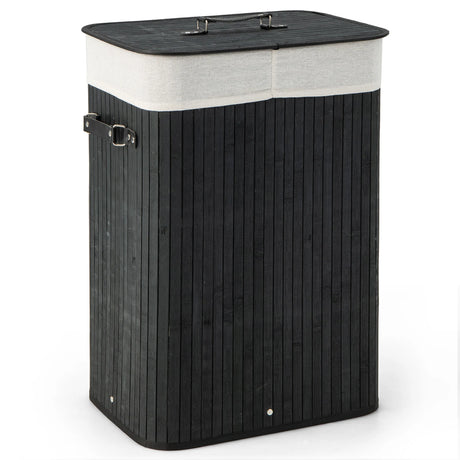 72L Bamboo Laundry Basket with Lid and Washable Liner Bag-Black