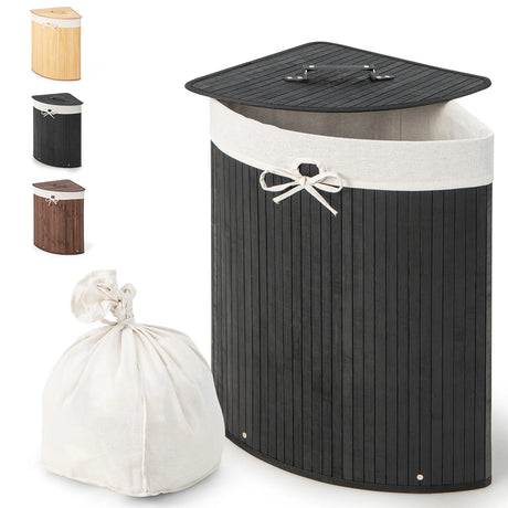 Corner Bamboo Hamper Laundry Basket-Black