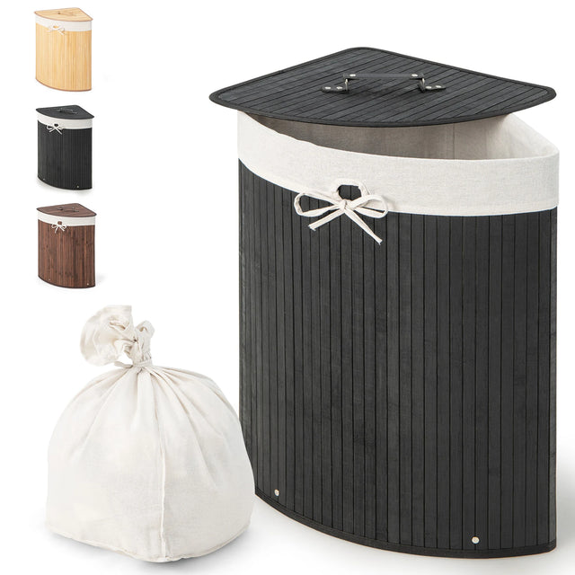 Corner Bamboo Hamper Laundry Basket-Black