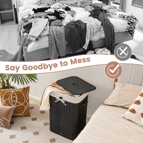 72L Bamboo Laundry Basket with Lid and Washable Liner Bag-Black