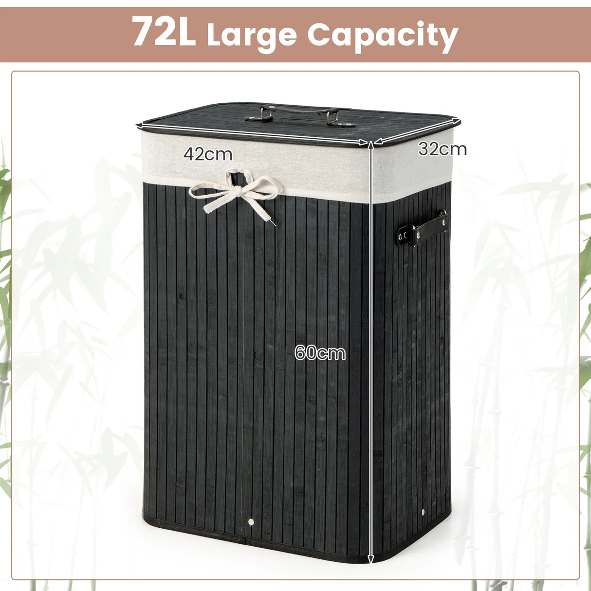 72L Bamboo Laundry Basket with Lid and Washable Liner Bag-Black