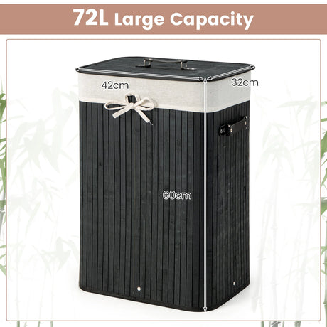 72L Bamboo Laundry Basket with Lid and Washable Liner Bag-Black