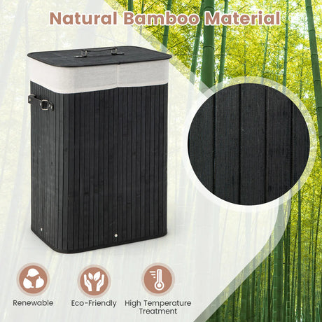 72L Bamboo Laundry Basket with Lid and Washable Liner Bag-Black